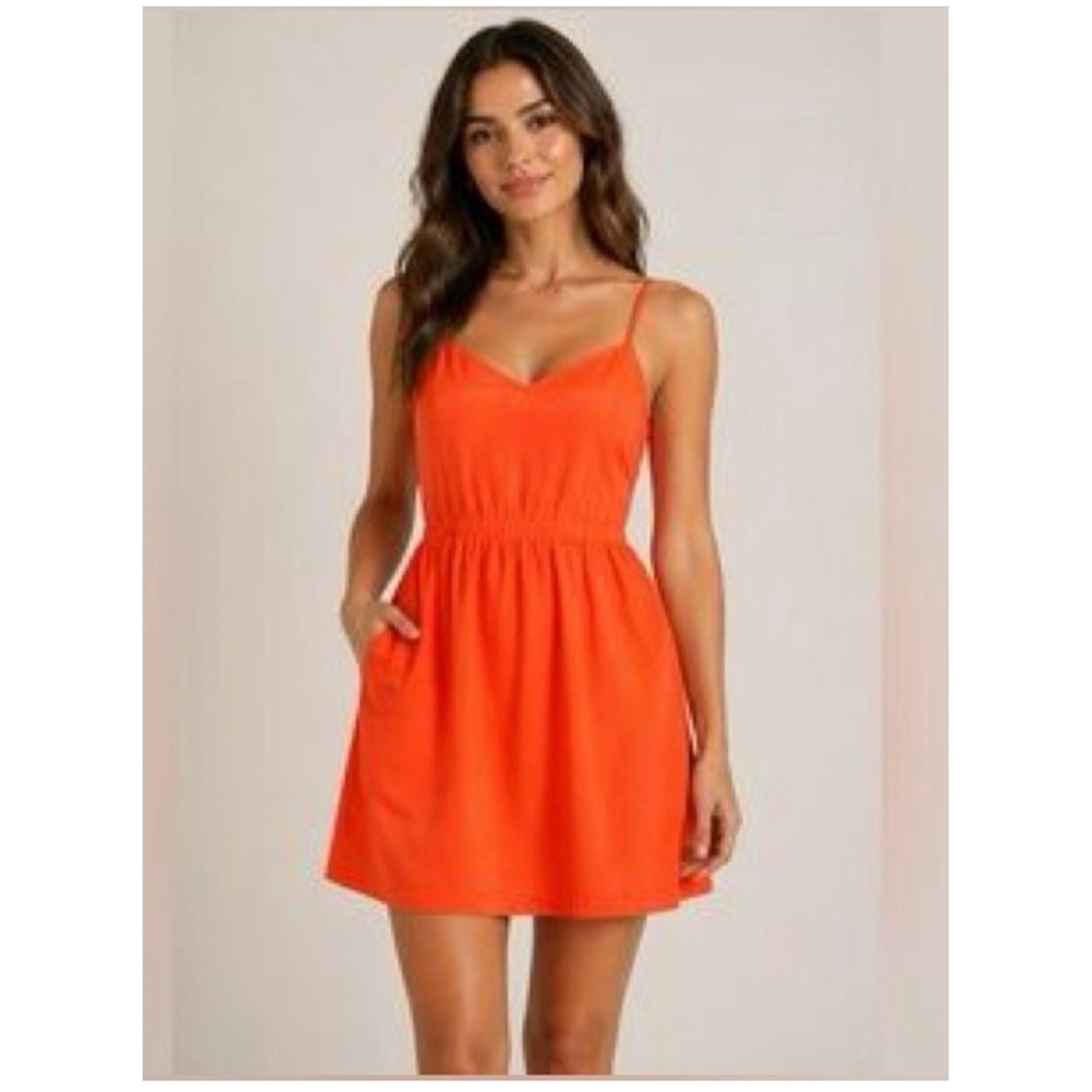 J.Crew Neon Orange V-Neck Mini Dress 12 Spaghetti Strap Pockets Summer Beach